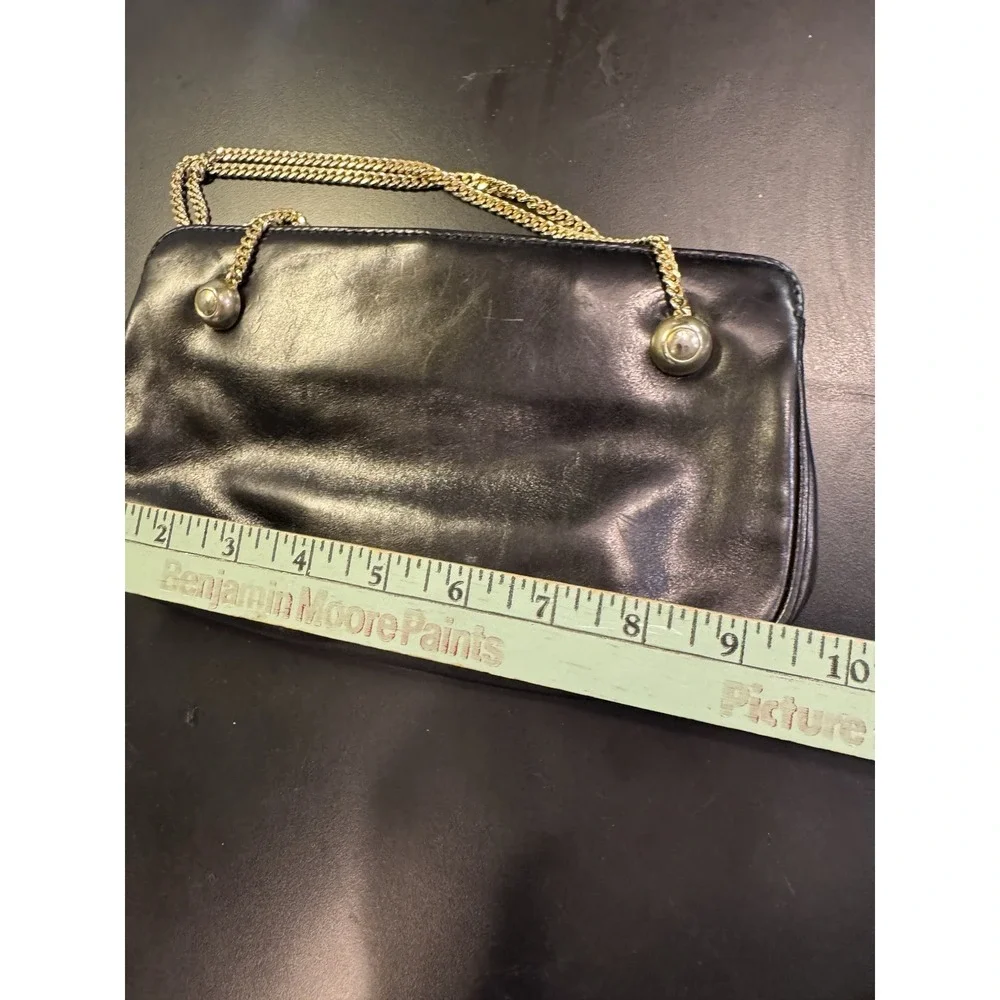 Vintage Black‎ Leather Franchi Handbag Double Gold Chain Handles Clasp